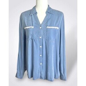 Marc New York Blue Button Down Blouse Soft Tencel Crochet Accent Boho Western M